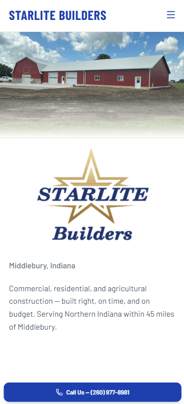 A website we designed for Starlite Builders, shown on a phone — built mobile-first