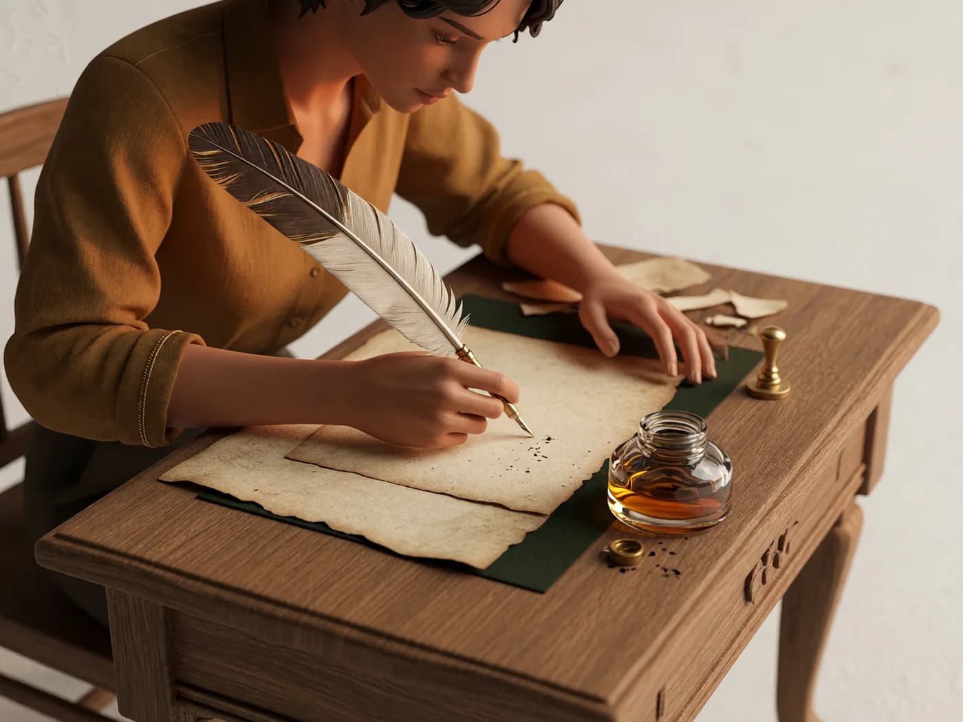 A 3D illustration of someone writing on parchment with a feather quill, the slow craft of content that compounds over time