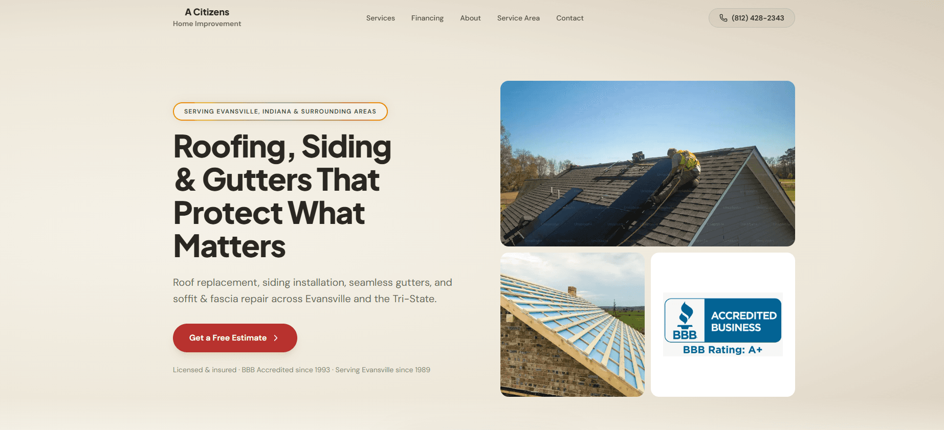 Custom website for A Citizens Home Improvement — roofing & siding services